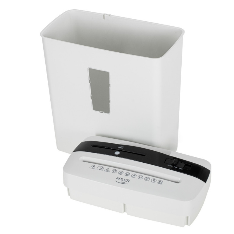 Καταστροφέας εγγράφων Adler AD 1037, 200 W, 13 L, Μέχρι 22 cm, 6 φύλλα τη φορά, Υποδοχή για CD/DVD και πιστωτικές κάρτες, Αυτόματη εκκίνηση/διακοπή, Λειτουργία αντιστροφής, 69 dB, Λευκό