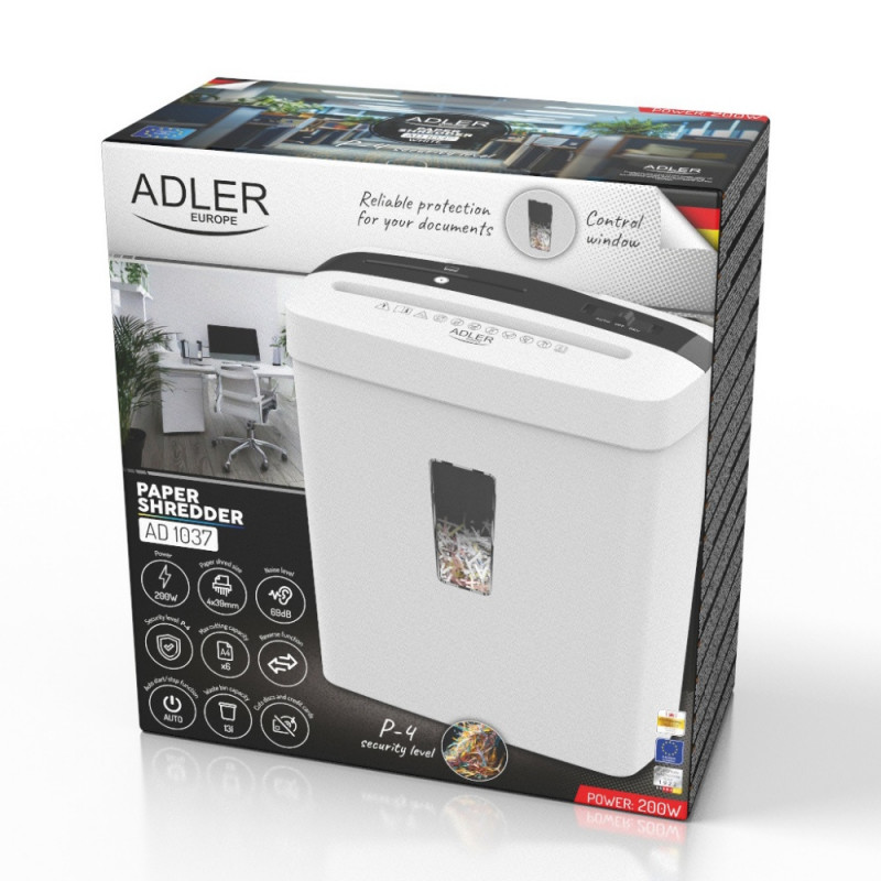 Καταστροφέας εγγράφων Adler AD 1037, 200 W, 13 L, Μέχρι 22 cm, 6 φύλλα τη φορά, Υποδοχή για CD/DVD και πιστωτικές κάρτες, Αυτόματη εκκίνηση/διακοπή, Λειτουργία αντιστροφής, 69 dB, Λευκό