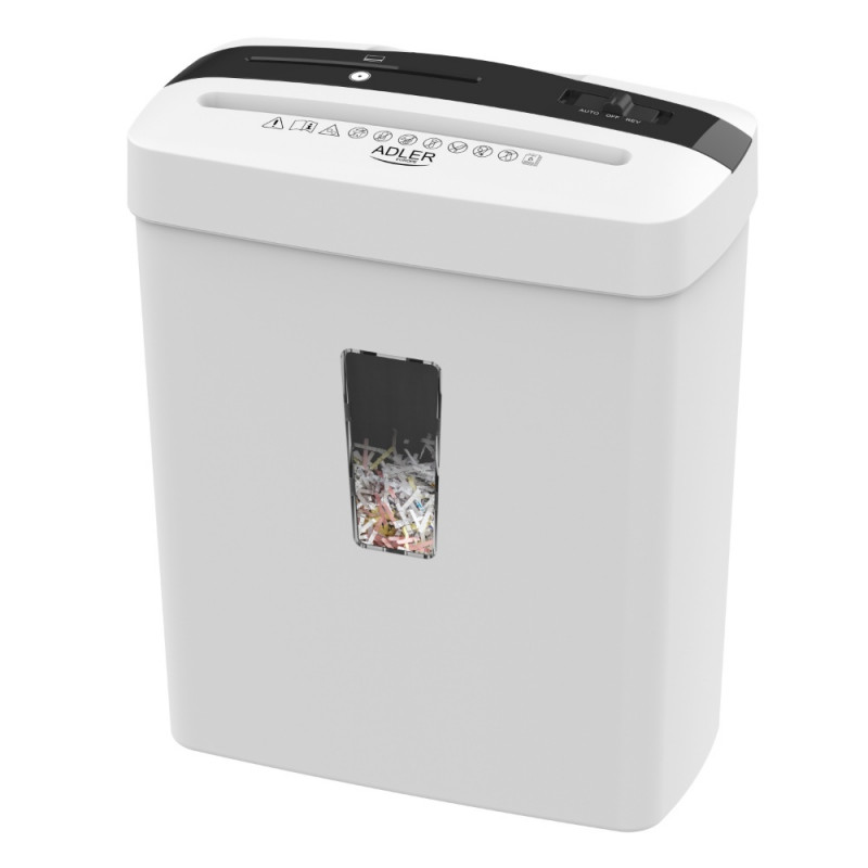 Καταστροφέας εγγράφων Adler AD 1037, 200 W, 13 L, Μέχρι 22 cm, 6 φύλλα τη φορά, Υποδοχή για CD/DVD και πιστωτικές κάρτες, Αυτόματη εκκίνηση/διακοπή, Λειτουργία αντιστροφής, 69 dB, Λευκό