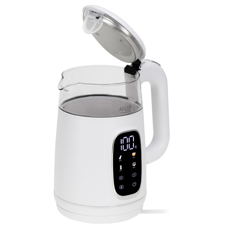 Ηλεκτρικός βραστήρας Adler AD 1305, 1850/2200 W, 1,7 l, Έλεγχος αφής, Έγχρωμη οθόνη LCD, Πέντε ρυθμίσεις θερμοκρασίας 40-100°C, Φίλτρο κατά της καθίζησης, Λευκό/χρυσό