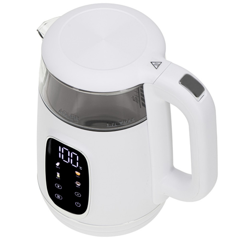 Ηλεκτρικός βραστήρας Adler AD 1305, 1850/2200 W, 1,7 l, Έλεγχος αφής, Έγχρωμη οθόνη LCD, Πέντε ρυθμίσεις θερμοκρασίας 40-100°C, Φίλτρο κατά της καθίζησης, Λευκό/χρυσό