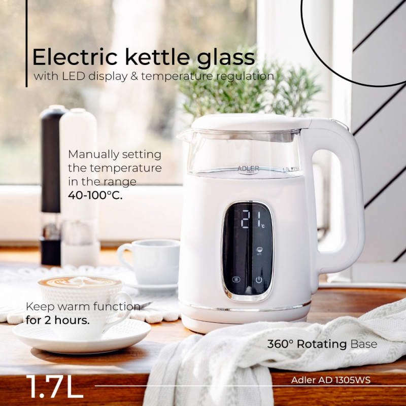 Ηλεκτρικός βραστήρας Adler AD 1305, 1850/2200 W, 1,7 l, Έλεγχος αφής, Έγχρωμη οθόνη LCD, Πέντε ρυθμίσεις θερμοκρασίας 40-100°C, Φίλτρο κατά της καθίζησης, Λευκό/χρυσό