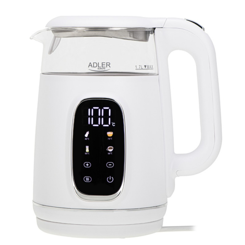 Ηλεκτρικός βραστήρας Adler AD 1305, 1850/2200 W, 1,7 l, Έλεγχος αφής, Έγχρωμη οθόνη LCD, Πέντε ρυθμίσεις θερμοκρασίας 40-100°C, Φίλτρο κατά της καθίζησης, Λευκό/χρυσό