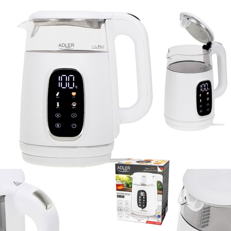 Ηλεκτρικός βραστήρας Adler AD 1305, 1850/2200 W, 1,7 l, Έλεγχος αφής, Έγχρωμη οθόνη LCD, Πέντε ρυθμίσεις θερμοκρασίας 40-100°C, Φίλτρο κατά της καθίζησης, Λευκό/χρυσό