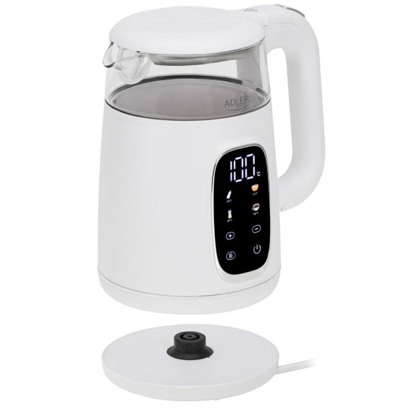 Ηλεκτρικός βραστήρας Adler AD 1305, 1850/2200 W, 1,7 l, Έλεγχος αφής, Έγχρωμη οθόνη LCD, Πέντε ρυθμίσεις θερμοκρασίας 40-100°C, Φίλτρο κατά της καθίζησης, Λευκό/χρυσό
