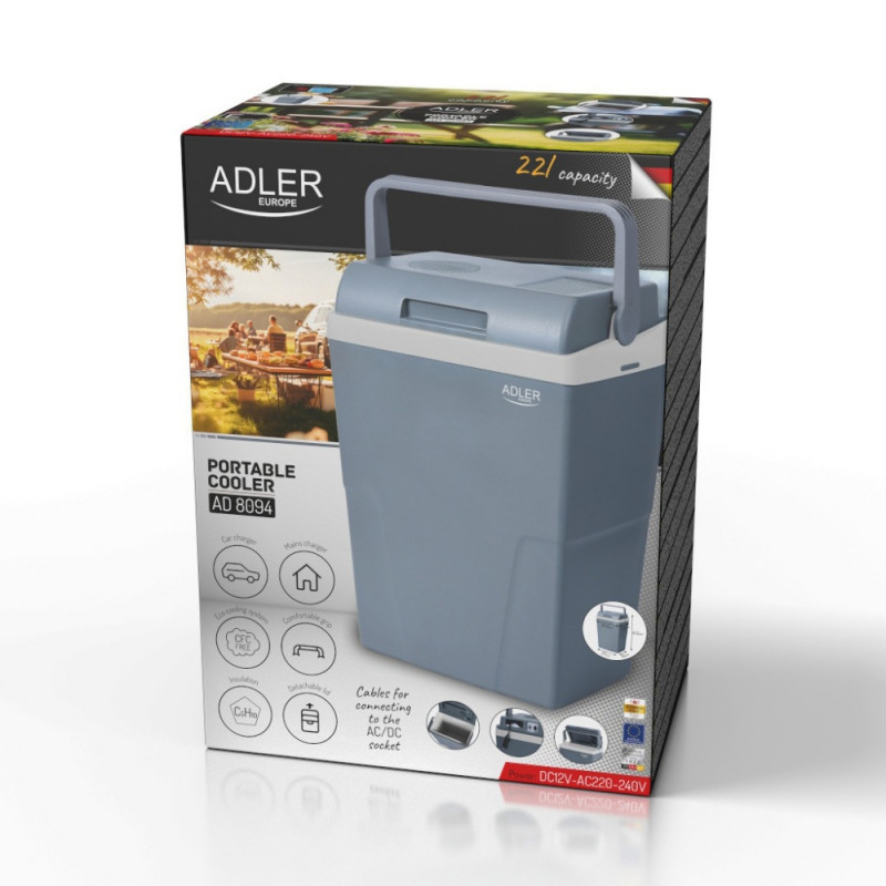 Τσάντα ψυγείου Adler AD 8094, 22 λίτρα, 45/55 W, 12V/220V, κλιματική κλάση ST, ειδική μόνωση C5H10, γκρι
