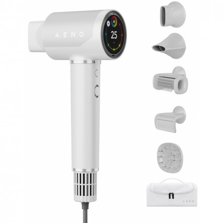 Στεγνωτήρας μαλλιών AENO HD5 AHD0005W, 1500W, Μοτέρ χωρίς ψήκτρες, 2 ταχύτητες, 3 επίπεδα, 67 dB, Λειτουργία AI, Φωνητικός έλεγχος, Λευκό
