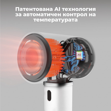 Στεγνωτήρας μαλλιών AENO HD5 AHD0005W, 1500W, Μοτέρ χωρίς ψήκτρες, 2 ταχύτητες, 3 επίπεδα, 67 dB, Λειτουργία AI, Φωνητικός έλεγχος, Λευκό