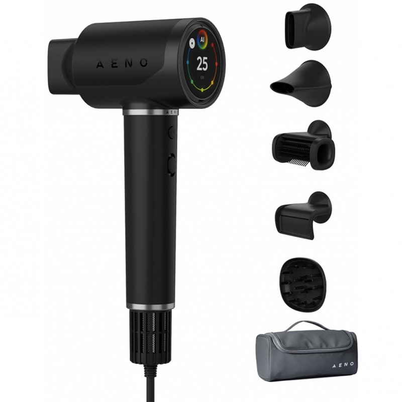 Στεγνωτήρας μαλλιών AI AENO HD5 AHD0005B, 1500W, Κινητήρας χωρίς ψήκτρες, 2 ταχύτητες, 3 επίπεδα, 67 dB, φωνητικός έλεγχος, Μαύρο