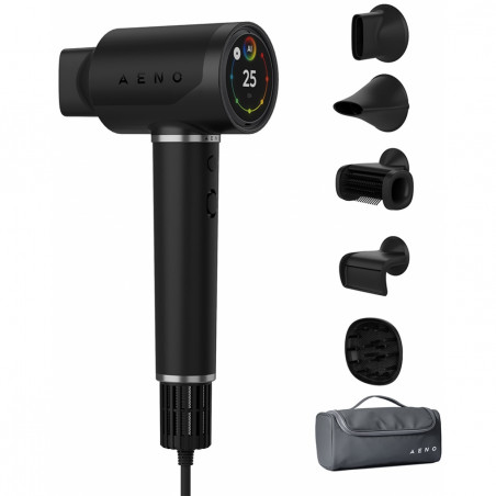 Στεγνωτήρας μαλλιών AI AENO HD5 AHD0005B, 1500W, Κινητήρας χωρίς ψήκτρες, 2 ταχύτητες, 3 επίπεδα, 67 dB, φωνητικός έλεγχος, Μαύρο