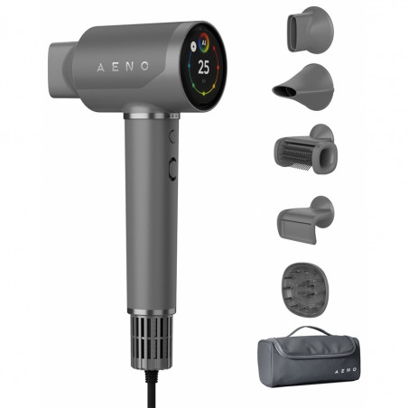 Στεγνωτήρας μαλλιών AENO HD5 AHD0005G, 1500W, Μοτέρ χωρίς ψήκτρες, 2 ταχύτητες, 3 επίπεδα, 67 dB, Λειτουργία AI, Φωνητικός έλεγχος, Γκρι