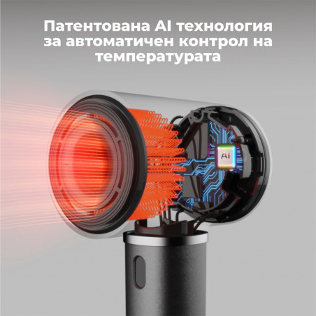 Στεγνωτήρας μαλλιών AENO HD5 AHD0005G, 1500W, Μοτέρ χωρίς ψήκτρες, 2 ταχύτητες, 3 επίπεδα, 67 dB, Λειτουργία AI, Φωνητικός έλεγχος, Γκρι