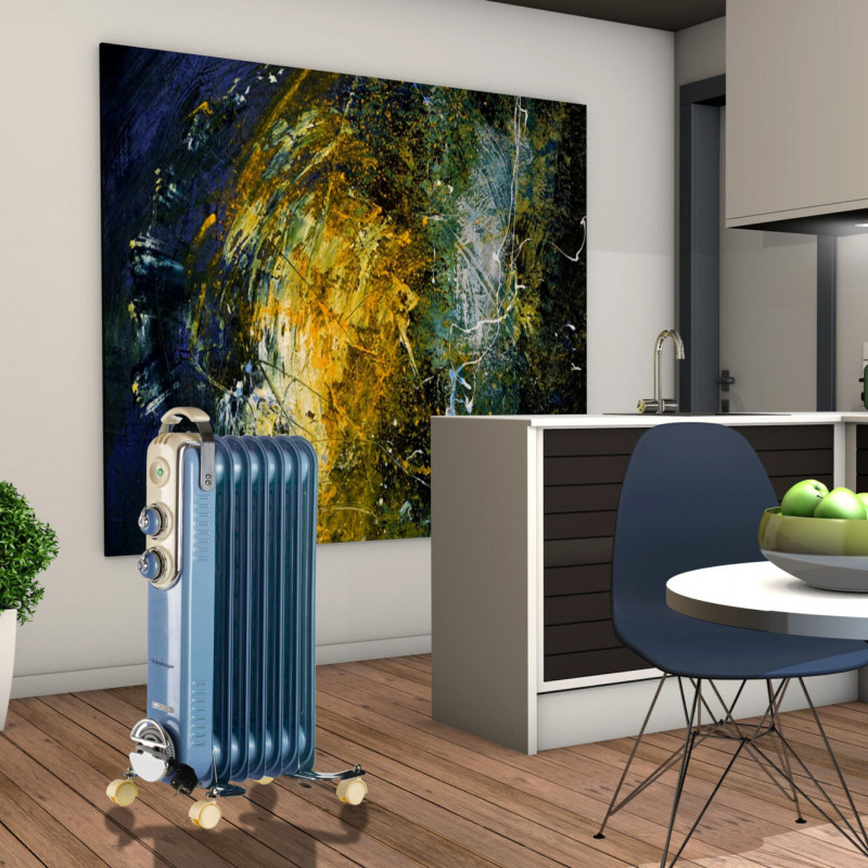 Καλοριφέρ λαδιού Ariete VINTAGE 0837/05, 1500W, 7 πτερύγια, 15 m2, 3 επίπεδα, περιστρεφόμενες ρόδες 360 μοιρών, Λαβή, Μπλε