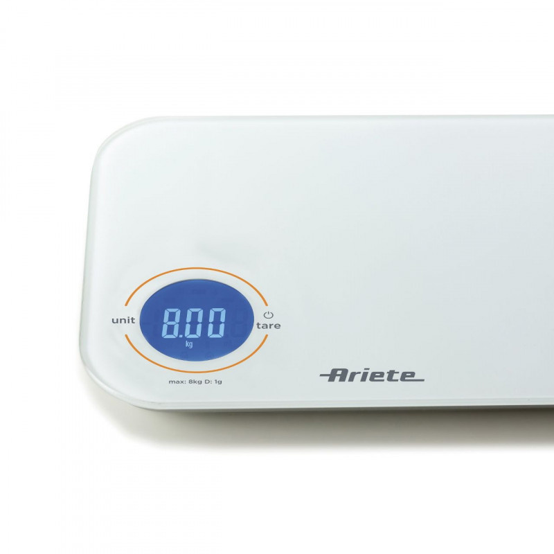 Ψηφιακή ζυγαριά κουζίνας Ariete BILANCIA DIGITALE 0851, Μέχρι 8 κιλά, Μετριασμένο γυαλί, Ταρίφα, Ψηφιακή οθόνη, Λευκό