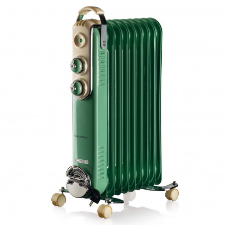 Ψυγείο λαδιού Ariete VINTAGE 0838/1, 2000W, 9 πτερύγια, 3 στάδια, Ένδειξη ισχύος, Περιστρεφόμενοι τροχοί 360C, Χειρολαβή, Πράσινο