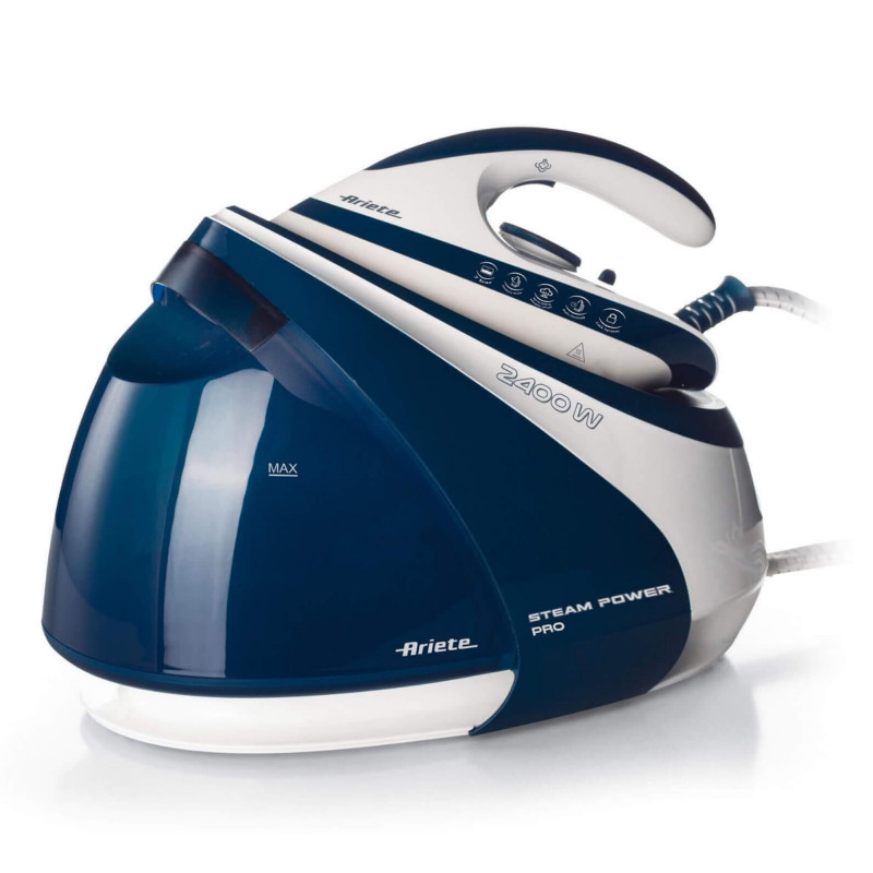 Σίδερο ατμού Ariete STEAM POWER PRO 5571/00, 2400W, 7 bar, 1.8 l, Κεραμική πλάκα, Απολιπαντής, Λειτουργία εξοικονόμησης ενέργειας, Λευκό/μπλε