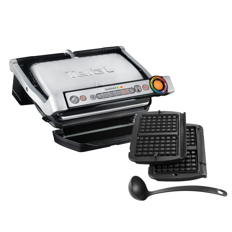 Ηλεκτρική ψησταριά Tefal OptiGrill+ Waffles GC716D12, 2000W, 6 προγράμματα, αντικολλητική επίστρωση Teflon, πλάκες βάφλας, ρύθμιση θερμοκρασίας, Max 275C, Inox