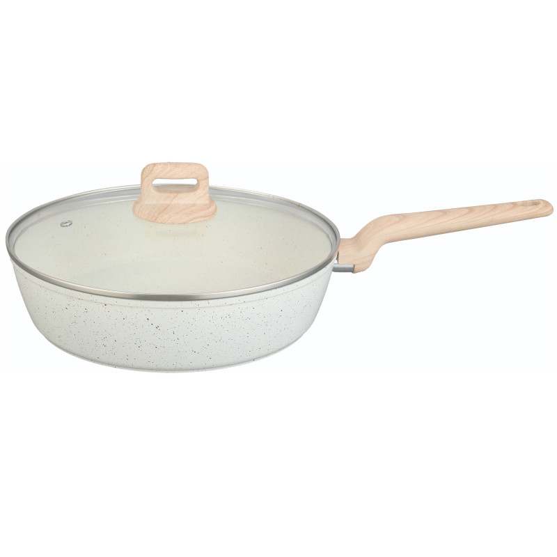 Βαθύ τηγάνι με καπάκι Voltz Nice OV54419E24CD, 24x6.3 cm, Μαρμάρινο φινίρισμα, Επαγωγή, Κρέμα μελανζέ