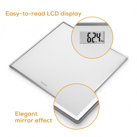 Beurer GS 120 Kompakt, Μέχρι 150 κιλά, LCD, Αυτόματη ενεργοποίηση/απενεργοποίηση, Μεγάλα ψηφία, Αναμονή ανάγνωσης, Λευκό