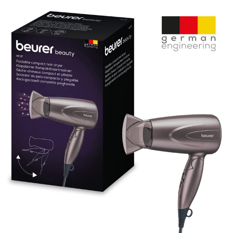 Στεγνωτήρας μαλλιών Beurer HC 17, 1300 W, 2 ταχύτητες, 2 επίπεδα, Πτυσσόμενη λαβή, Λεπτό ακροφύσιο, Συμπυκνωτής, Γκρι