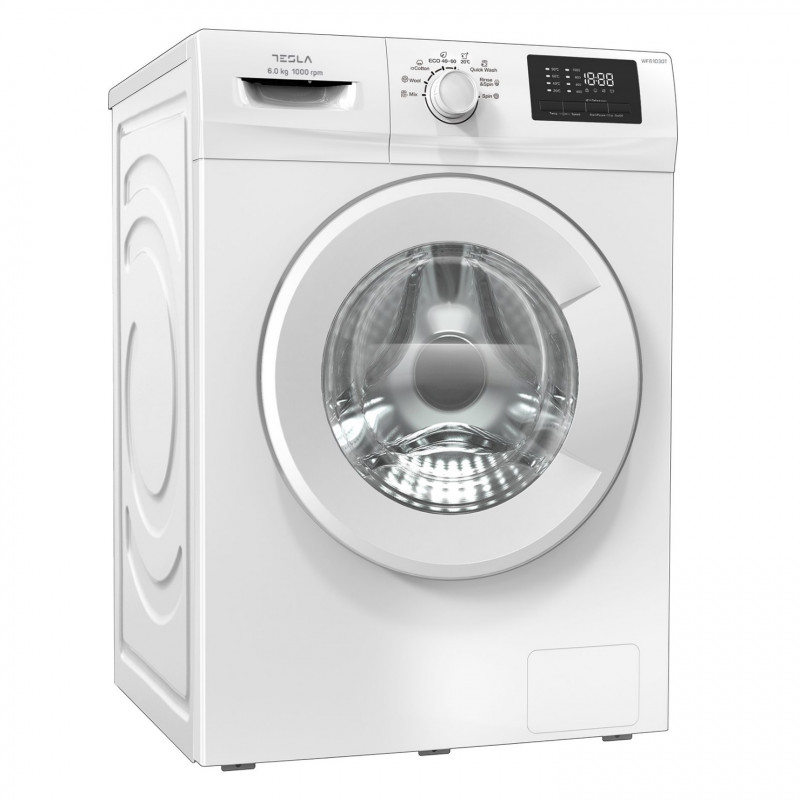 Πλυντήριο ρούχων Tesla WF61030T εμπρόσθιας φόρτωσης, 1950W, 6 kg, 42 l, 8 προγράμματα, 1000 rpm, Class E, Προστασία παιδιών, LED, Λευκό