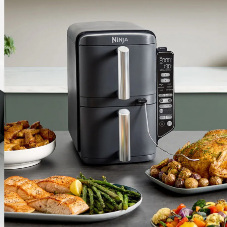 Ninja SL451EU Διπλή φριτέζα ζεστού αέρα, 2470W, 9,5L, ψηφιακό θερμόμετρο, 2 καλάθια, 6 προγράμματα, Max Crisp, Sync & Match, γκρι
