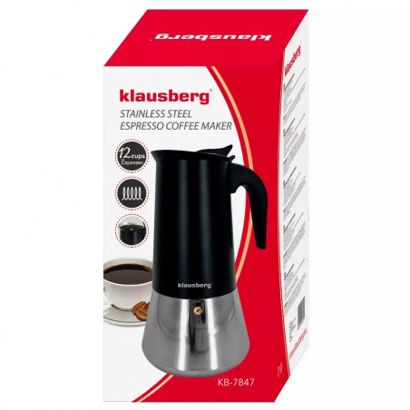 Κουβανέζικη καφετιέρα Klausberg KB 7847, 12 φλιτζάνια, 600 ml, Ανοξείδωτο, Επαγωγική, Μαύρο/Inox