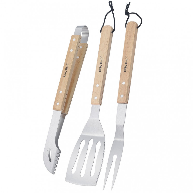 Σετ από 3 σκεύη BBQ Kinghoff KH 1918, Σπάτουλα, Σπάτουλα, Πιρούνι, Ξύλινες λαβές, Βρόχοι για κρέμασμα, Inox/καφέ