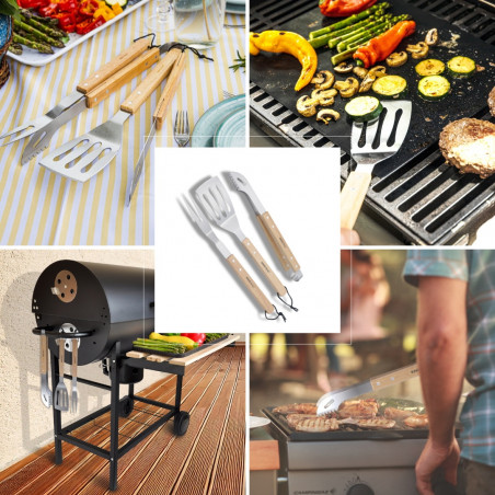 Σετ από 3 σκεύη BBQ Kinghoff KH 1918, Σπάτουλα, Σπάτουλα, Πιρούνι, Ξύλινες λαβές, Βρόχοι για κρέμασμα, Inox/καφέ