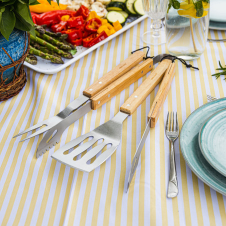 Σετ από 3 σκεύη BBQ Kinghoff KH 1918, Σπάτουλα, Σπάτουλα, Πιρούνι, Ξύλινες λαβές, Βρόχοι για κρέμασμα, Inox/καφέ
