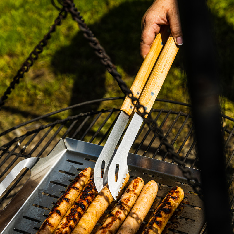 Σετ από 3 σκεύη BBQ Kinghoff KH 1918, Σπάτουλα, Σπάτουλα, Πιρούνι, Ξύλινες λαβές, Βρόχοι για κρέμασμα, Inox/καφέ