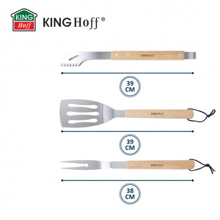 Σετ από 3 σκεύη BBQ Kinghoff KH 1918, Σπάτουλα, Σπάτουλα, Πιρούνι, Ξύλινες λαβές, Βρόχοι για κρέμασμα, Inox/καφέ