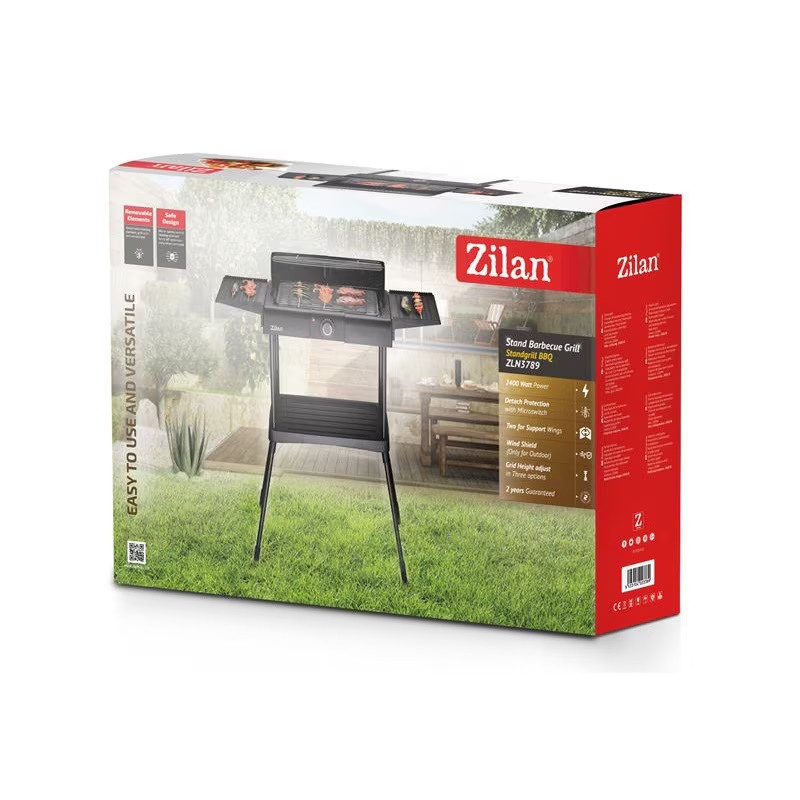 Ηλεκτρική σχάρα σε βάση Zilan ZLN 3789, 2400W, 43x28 cm, προστασία από τον άνεμο, ρύθμιση σχάρας σχάρας, Μαύρο