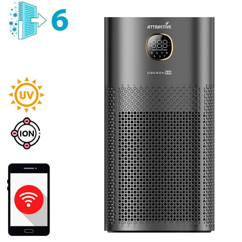 Ελκυστικός καθαριστής αέρα OBERON 520, 50W, Για έως 62 m2, Wi-Fi, 5 ταχύτητες, Χρονοδιακόπτης, Νυχτερινή λειτουργία, Τηλεχειριστήριο, Έξυπνος αισθητήρας ρύπανσης, Σκούρο γκρι