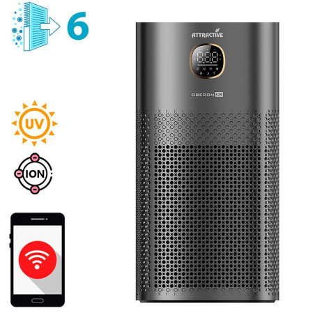 Ελκυστικός καθαριστής αέρα OBERON 520, 50W, Για έως 62 m2, Wi-Fi, 5 ταχύτητες, Χρονοδιακόπτης, Νυχτερινή λειτουργία, Τηλεχειριστήριο, Έξυπνος αισθητήρας ρύπανσης, Σκούρο γκρι