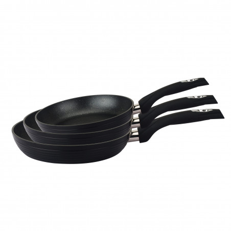 Σετ 3 τηγάνια Royalty Line FM3F, 20/24/28 cm, Μαρμάρινο φινίρισμα, Επαγωγή, Ανθεκτικές στη θερμότητα λαβές, Μαύρο
