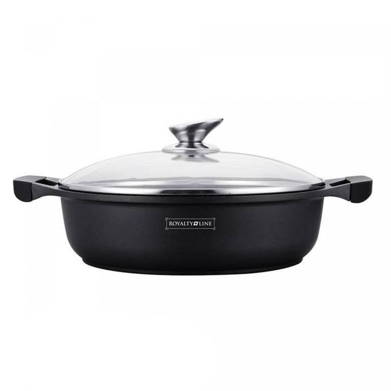 Κατσαρόλα Royalty Line RL-BR30ML, 30 cm, 4.8 l, αντικολλητική επίστρωση μαρμάρου, γυάλινο καπάκι, χωρίς PFOA, επαγωγική, μαύρο