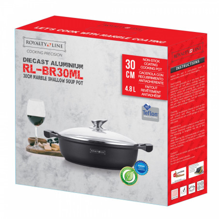 Κατσαρόλα Royalty Line RL-BR30ML, 30 cm, 4.8 l, αντικολλητική επίστρωση μαρμάρου, γυάλινο καπάκι, χωρίς PFOA, επαγωγική, μαύρο
