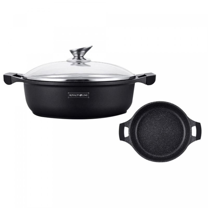Κατσαρόλα Royalty Line RL-BR30ML, 30 cm, 4.8 l, αντικολλητική επίστρωση μαρμάρου, γυάλινο καπάκι, χωρίς PFOA, επαγωγική, μαύρο