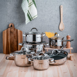 Σετ μαγειρικών σκευών Rosberg R51210L12, 12 τεμάχια, Πολυστρωματικός πυθμένας, 2.0/6.5 λίτρα, Επαγωγή, Inox