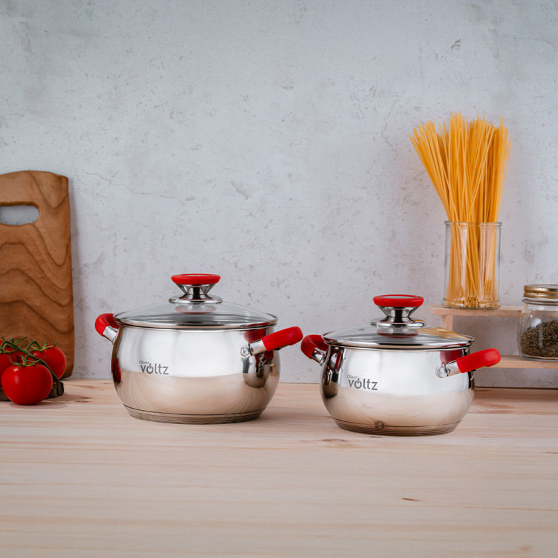 Κατσαρόλα Oliver Voltz OV51210N28, 28 cm, 10.45 l, Επαγωγή, Κόκκινες λαβές από σιλικόνη, Inox/Κόκκινος