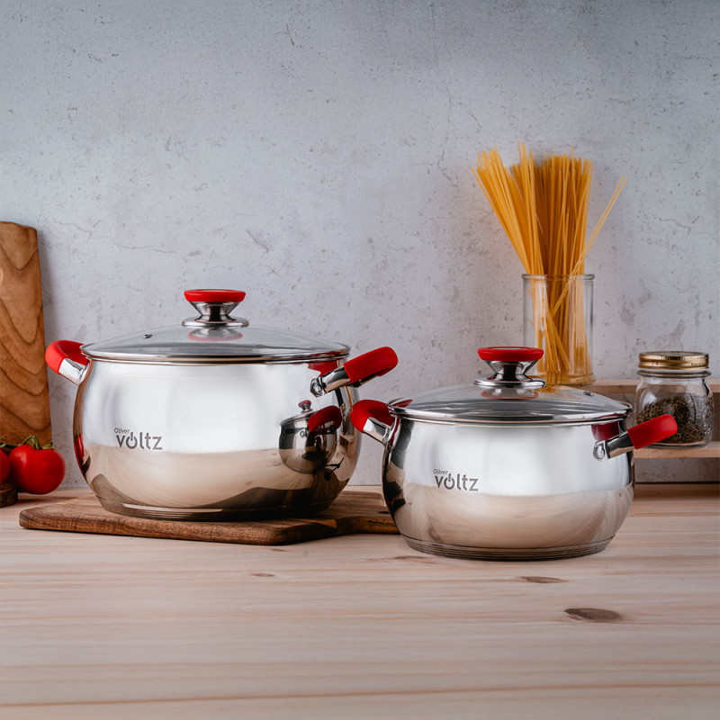 Σετ μαγειρικών σκευών Oliver Voltz OV51210N12, 12h, Induction, Λαβές σιλικόνης, Inox/κόκκινο