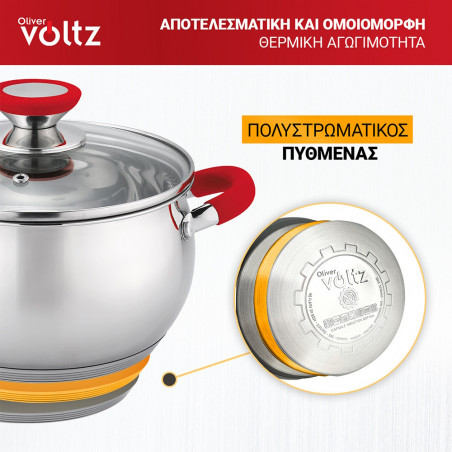 Κατσαρόλα Oliver Voltz OV51210N26, 26cm, 7.7l,  Επαγωγή, Λαβές από σιλικόνη , Inox/Κόκκινος