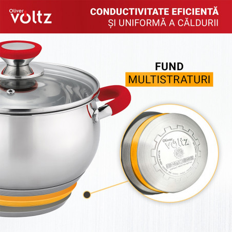 Κατσαρόλα Oliver Voltz OV51210N26, 26cm, 7.7l,  Επαγωγή, Λαβές από σιλικόνη , Inox/Κόκκινος