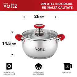 Κατσαρόλα Oliver Voltz OV51210N26, 26cm, 7.7l,  Επαγωγή, Λαβές από σιλικόνη , Inox/Κόκκινος