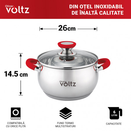 Κατσαρόλα Oliver Voltz OV51210N26, 26cm, 7.7l,  Επαγωγή, Λαβές από σιλικόνη , Inox/Κόκκινος