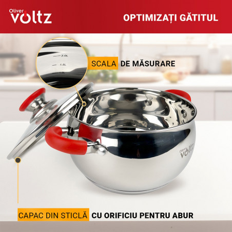 Κατσαρόλα Oliver Voltz OV51210N28, 28 cm, 10.45 l, Επαγωγή, Κόκκινες λαβές από σιλικόνη, Inox/Κόκκινος