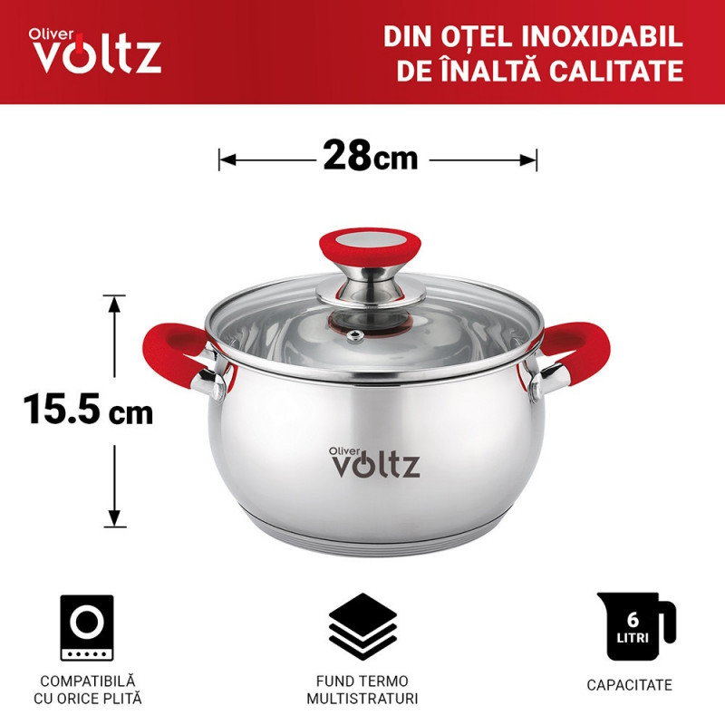 Κατσαρόλα Oliver Voltz OV51210N28, 28 cm, 10.45 l, Επαγωγή, Κόκκινες λαβές από σιλικόνη, Inox/Κόκκινος