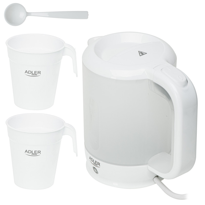 Ηλεκτρικός βραστήρας Adler AD 1381, 900W, 0.5 l, 2 φλιτζάνια και κουτάλα, Επίπεδο θερμαντικό στοιχείο, Προστασία υπερθέρμανσης, Λευκό