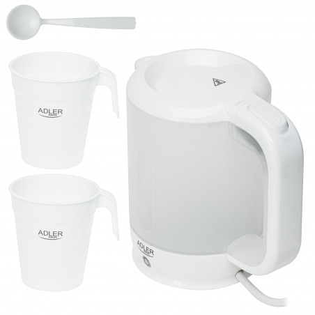 Ηλεκτρικός βραστήρας Adler AD 1381, 900W, 0.5 l, 2 φλιτζάνια και κουτάλα, Επίπεδο θερμαντικό στοιχείο, Προστασία υπερθέρμανσης, Λευκό